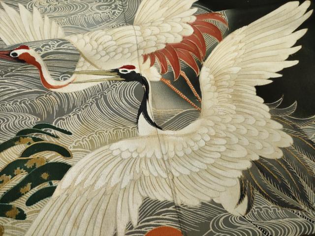 平和屋本店●アンティーク　大正ロマン　黒留袖　刺繍　飛鶴文　両褄　金糸　正絹　逸品　AABL0998ck