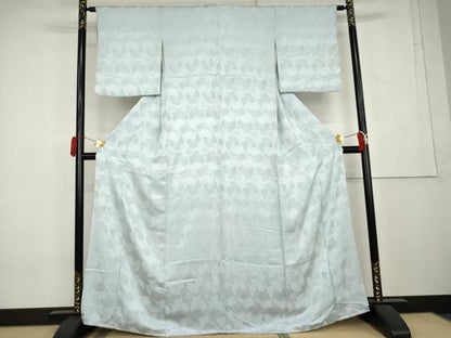 平和屋着物●上質な色無地　扇尽くし地紋　白藍色　お召縮緬　正絹　逸品　AABL1004cs
