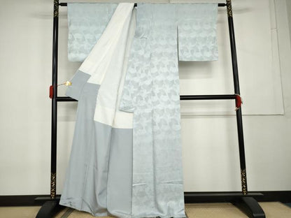 平和屋着物●上質な色無地　扇尽くし地紋　白藍色　お召縮緬　正絹　逸品　AABL1004cs