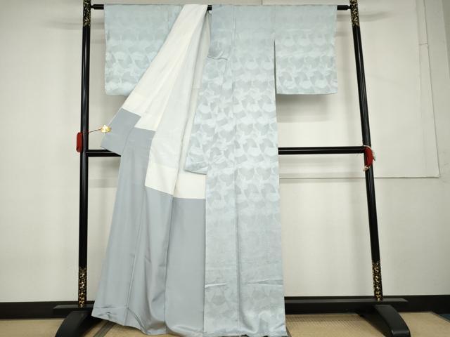 平和屋着物●上質な色無地　扇尽くし地紋　白藍色　お召縮緬　正絹　逸品　AABL1004cs