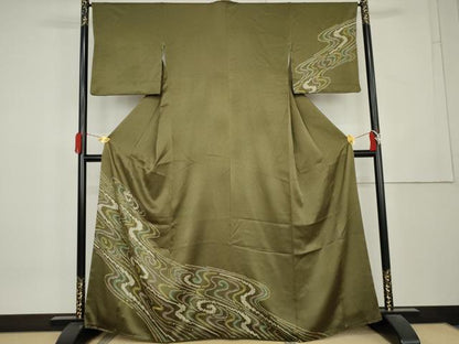 平和屋着物●訪問着　絞り　流水文　金彩　正絹　逸品　AABL1006cs