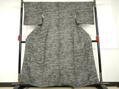 平和屋着物●上質な小紋　立波文　黒地　正絹　逸品　AABL1014cs