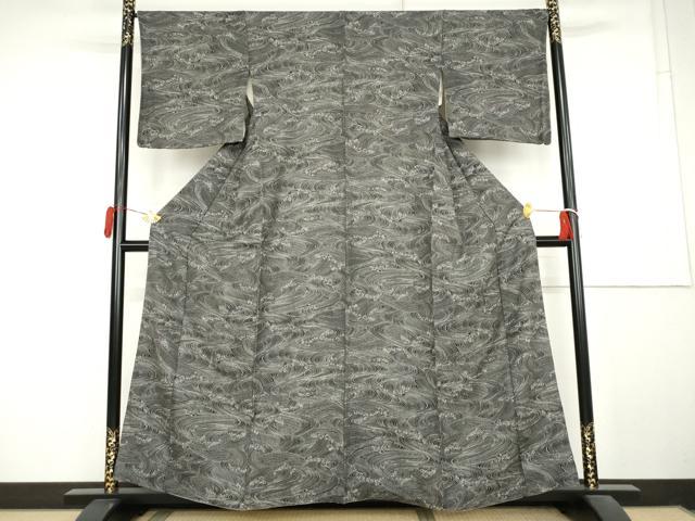 平和屋着物●上質な小紋　立波文　黒地　正絹　逸品　AABL1014cs