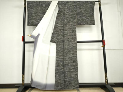 平和屋着物●上質な小紋　立波文　黒地　正絹　逸品　AABL1014cs