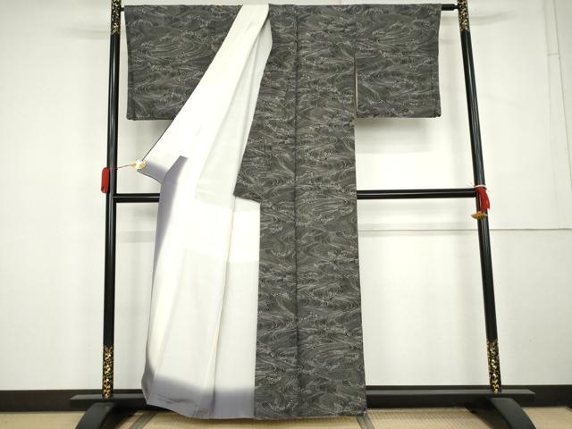 平和屋着物●上質な小紋　立波文　黒地　正絹　逸品　AABL1014cs