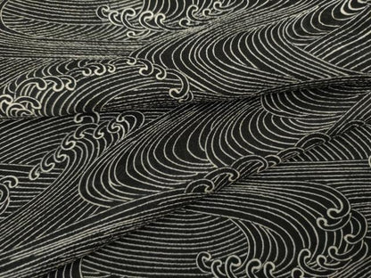 平和屋着物●上質な小紋　立波文　黒地　正絹　逸品　AABL1014cs