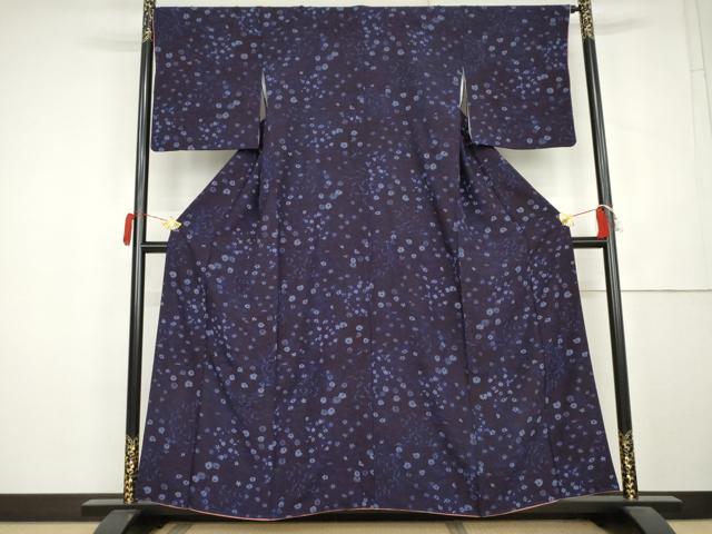 平和屋着物●上質な小紋　藍　草花文　正絹　逸品　AABL1015cs