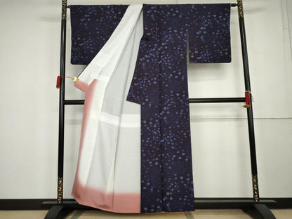 平和屋着物●上質な小紋　藍　草花文　正絹　逸品　AABL1015cs