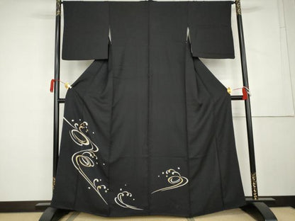 平和屋着物●訪問着　立波文　黒地　金彩　正絹　逸品　AABL1018cs