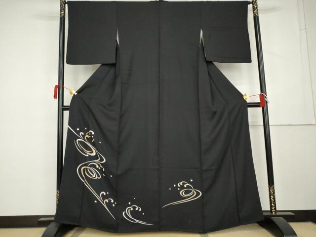 平和屋着物●訪問着　立波文　黒地　金彩　正絹　逸品　AABL1018cs