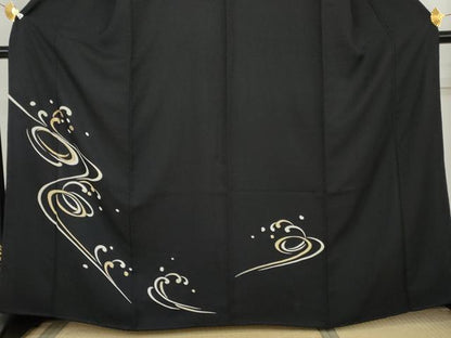 平和屋着物●訪問着　立波文　黒地　金彩　正絹　逸品　AABL1018cs