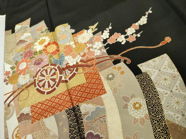平和屋着物●創業460年・千總　黒留袖　駒刺繍　花車文　金彩　正絹　逸品　AABL1021cs