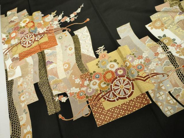 平和屋着物●創業460年・千總　黒留袖　駒刺繍　花車文　金彩　正絹　逸品　AABL1021cs
