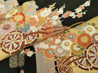 平和屋着物●創業460年・千總　黒留袖　駒刺繍　花車文　金彩　正絹　逸品　AABL1021cs