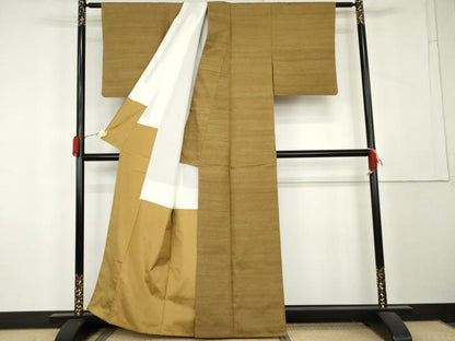平和屋着物●上質な紬　色無地　黄橡色　正絹　逸品　AABL1027cs