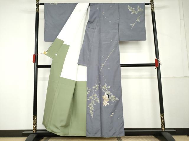 平和屋着物●本場縞大島紬　訪問着　総刺繍　童子遊び　正絹　逸品　AABL1043cs