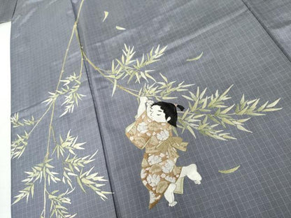 平和屋着物●本場縞大島紬　訪問着　総刺繍　童子遊び　正絹　逸品　AABL1043cs