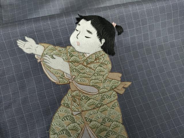 平和屋着物●本場縞大島紬　訪問着　総刺繍　童子遊び　正絹　逸品　AABL1043cs