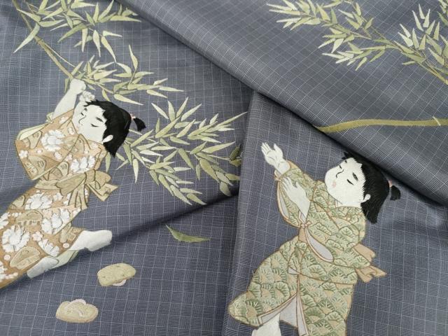 平和屋着物●本場縞大島紬　訪問着　総刺繍　童子遊び　正絹　逸品　AABL1043cs