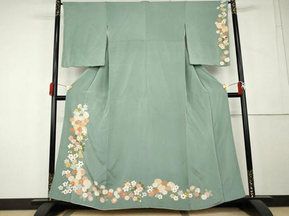 平和屋着物●訪問着　草花文　金彩　鬼しぼ縮緬　正絹　逸品　AABL1051cs