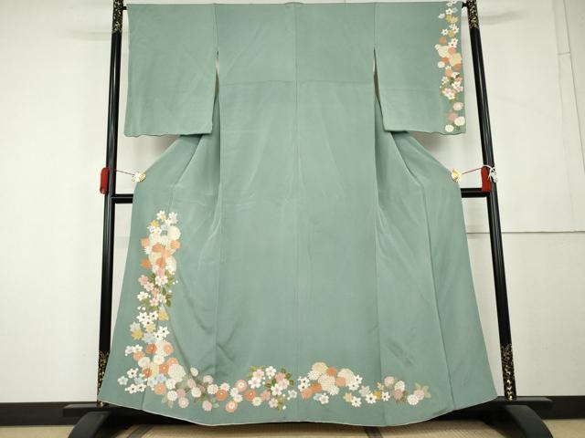 平和屋着物●訪問着　草花文　金彩　鬼しぼ縮緬　正絹　逸品　AABL1051cs