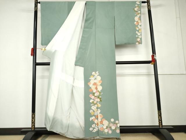 平和屋着物●訪問着　草花文　金彩　鬼しぼ縮緬　正絹　逸品　AABL1051cs