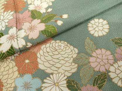 平和屋着物●訪問着　草花文　金彩　鬼しぼ縮緬　正絹　逸品　AABL1051cs