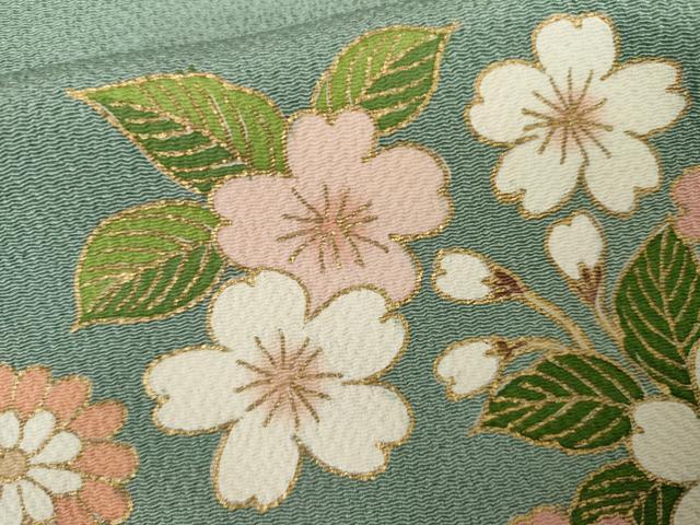 平和屋着物●訪問着　草花文　金彩　鬼しぼ縮緬　正絹　逸品　AABL1051cs