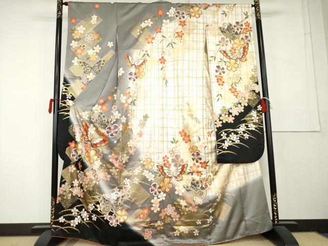 平和屋着物●豪華振袖　駒刺繍　花蝶文　暈し染め　金彩　正絹　逸品　AABL1071cs
