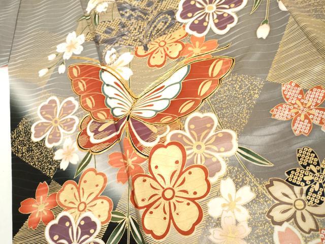 平和屋着物●豪華振袖　駒刺繍　花蝶文　暈し染め　金彩　正絹　逸品　AABL1071cs