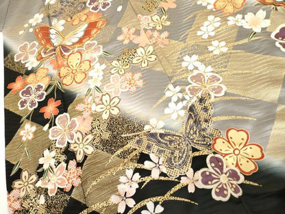 平和屋着物●豪華振袖　駒刺繍　花蝶文　暈し染め　金彩　正絹　逸品　AABL1071cs