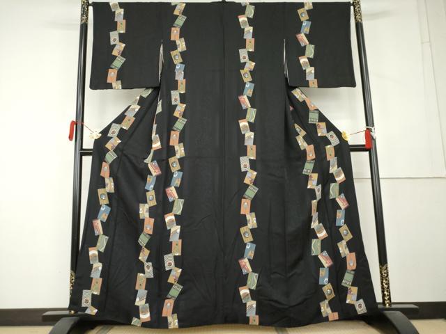 平和屋着物●上質な小紋　日本昔話　黒地　正絹　逸品　AABL1080cs