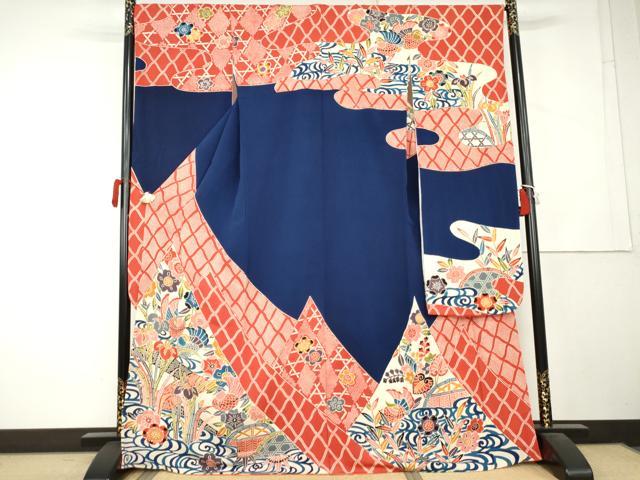 平和屋着物●紅型　振袖　鴛鴦吉祥花文　鬼しぼ縮緬　正絹　逸品　AABL1082cs