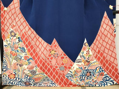 平和屋着物●紅型　振袖　鴛鴦吉祥花文　鬼しぼ縮緬　正絹　逸品　AABL1082cs
