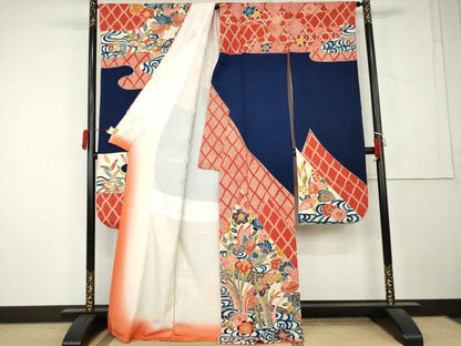 平和屋着物●紅型　振袖　鴛鴦吉祥花文　鬼しぼ縮緬　正絹　逸品　AABL1082cs