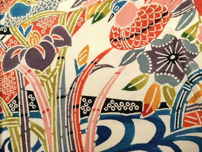 平和屋着物●紅型　振袖　鴛鴦吉祥花文　鬼しぼ縮緬　正絹　逸品　AABL1082cs