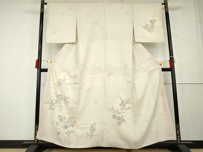 平和屋着物●生紬　訪問着　手描き　籬草花文　正絹　逸品　AABL1084cs