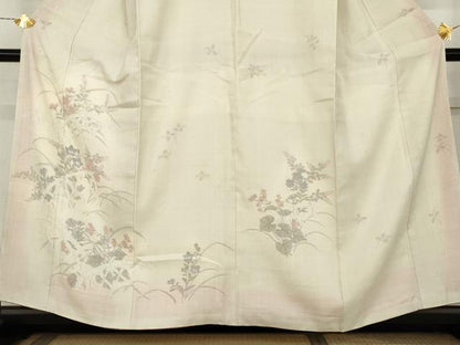 平和屋着物●生紬　訪問着　手描き　籬草花文　正絹　逸品　AABL1084cs