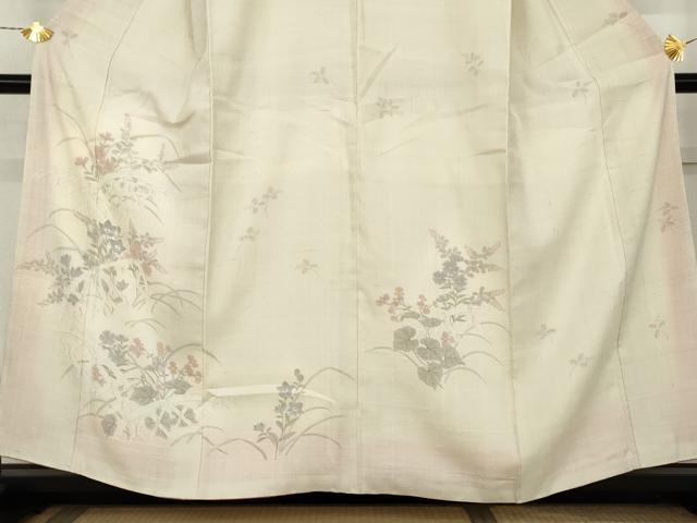 平和屋着物●生紬　訪問着　手描き　籬草花文　正絹　逸品　AABL1084cs