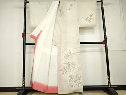 平和屋着物●生紬　訪問着　手描き　籬草花文　正絹　逸品　AABL1084cs