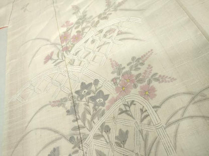 平和屋着物●生紬　訪問着　手描き　籬草花文　正絹　逸品　AABL1084cs