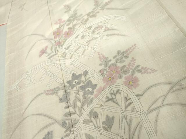 平和屋着物●生紬　訪問着　手描き　籬草花文　正絹　逸品　AABL1084cs