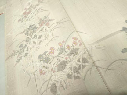 平和屋着物●生紬　訪問着　手描き　籬草花文　正絹　逸品　AABL1084cs