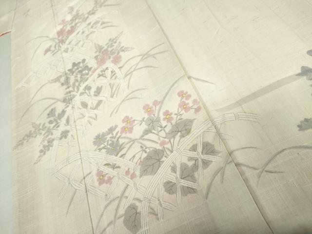 平和屋着物●生紬　訪問着　手描き　籬草花文　正絹　逸品　AABL1084cs