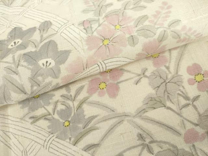平和屋着物●生紬　訪問着　手描き　籬草花文　正絹　逸品　AABL1084cs