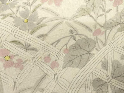 平和屋着物●生紬　訪問着　手描き　籬草花文　正絹　逸品　AABL1084cs
