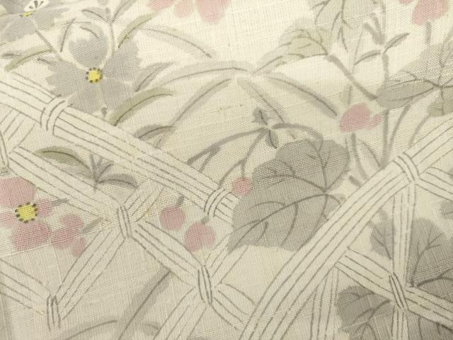 平和屋着物●生紬　訪問着　手描き　籬草花文　正絹　逸品　AABL1084cs