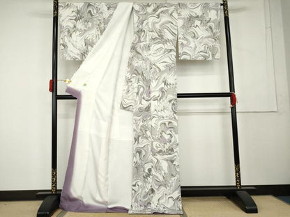 平和屋着物●上質な小紋　墨流し文様　反端付き　ロング丈　正絹　逸品　AABL1101cs