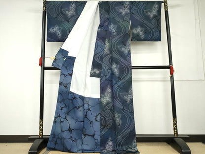 平和屋着物●上質な小紋　お召地　墨流し染　流水舞蝶文　丹後ちりめん　反端付き　正絹　逸品　AABL1102cs