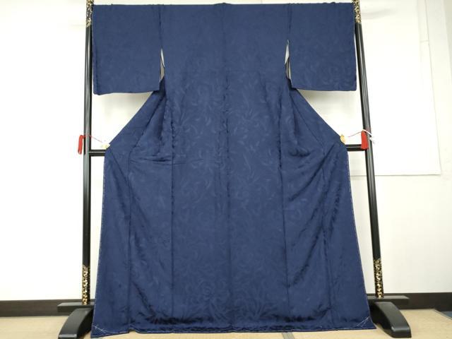 平和屋着物●上質な色無地　乱菊地紋　紺色　ロング丈　正絹　逸品　未使用　AABL1111cs